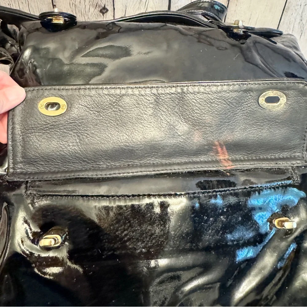 Barneys New York black glossy patent leather extra large tote bag carryall
